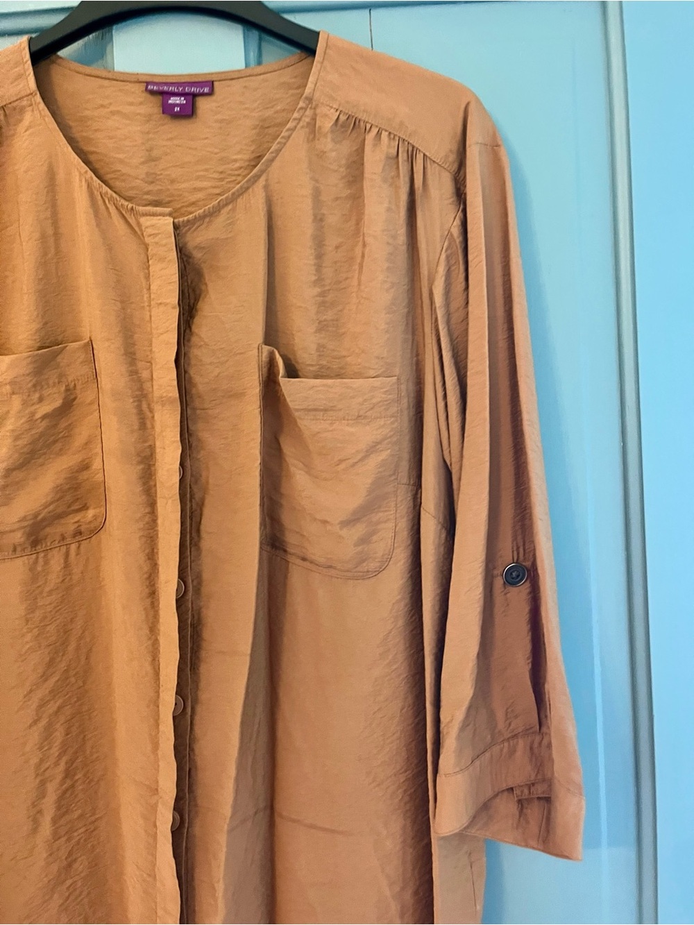 Beverly Drive Button-Front Tunic Shirt in Camel Brown, vintage 1990's
